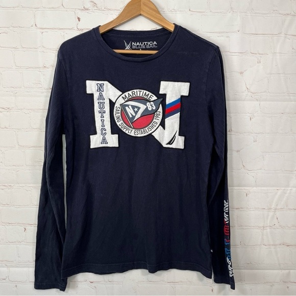 Nautica Blue Sail T Shirt Mens Small Blue Logo Crewneck Embroidered Nautical - Picture 1 of 10